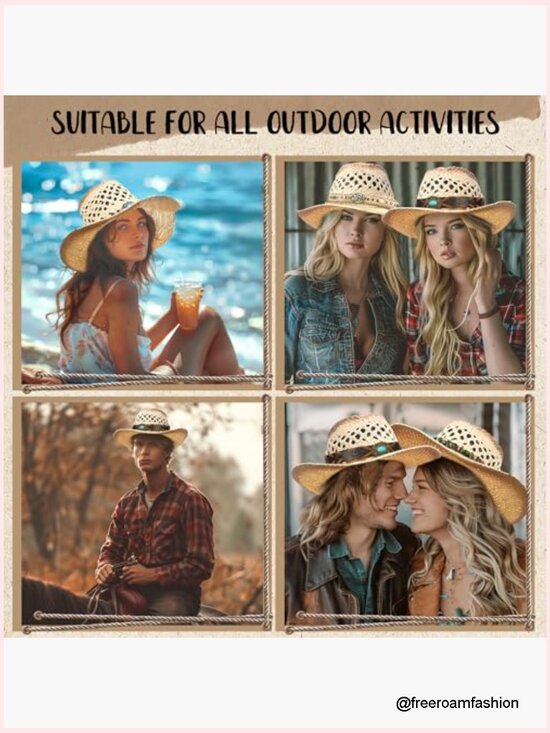 Straw Cowboy Hat Wide Brim, Adjustable, with 4 Decorative Bands, Unisex, main image 6